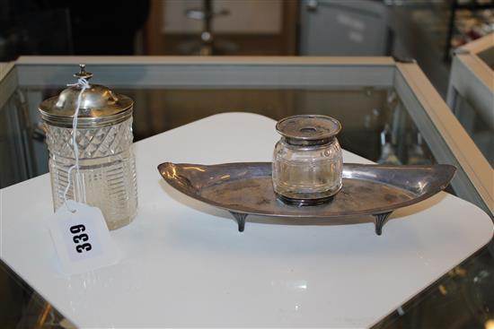 Edwardian silver boat-shaped inkstand, central cut glass bottle, Chester 1907 & a silver-mounted cut glass preserve jar